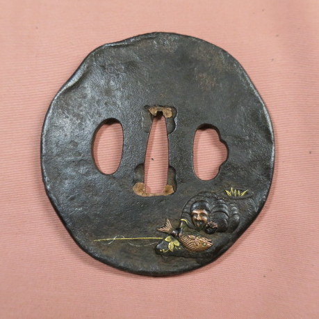 優品 音色良 鉄鍔 象嵌 丸形 刀装具 三日月の図 ○秀 銘
