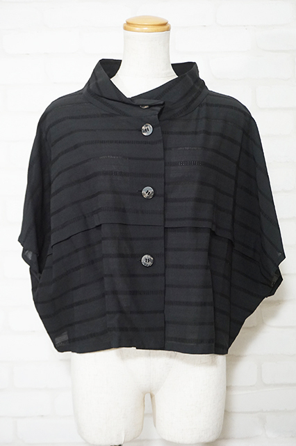 美品 慈雨/センソユニコ 透かしボーダーコットン半袖ブラウス 黒40 