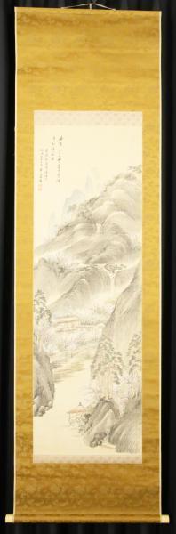 岡田半江筆　武陵桃源　天保丙申年　絹本肉筆　掛軸　木箱付　送料込み269625 真作】【WISH】岡田半江「武陵桃源之図」日本画 靄山鑑定箱 掛軸