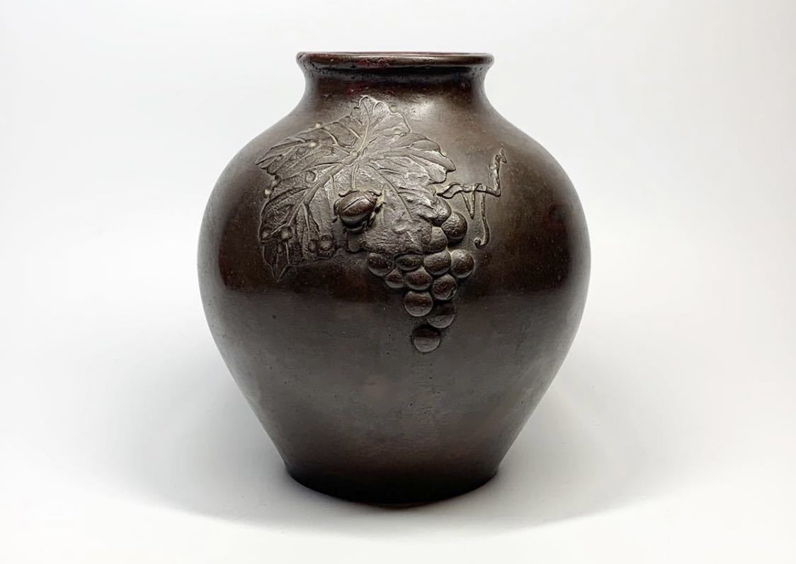 時代金工 斑紫銅 蛙文 花瓶 斑紫銅 瓢花入 一輪挿し 瓢箪 茶道具 古