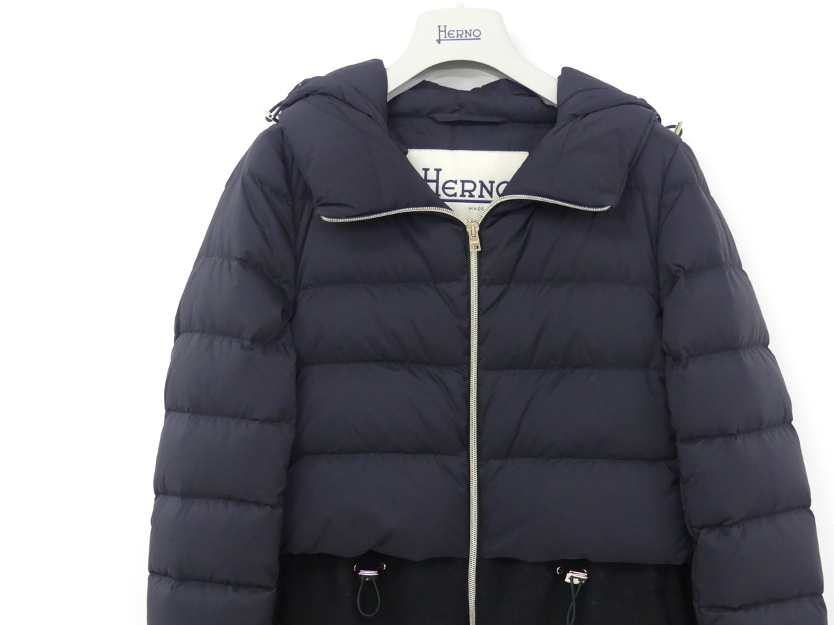 HERNO ヘルノ 異素材ダウンコート 40 ブラック ウールBLEND×ダウン 