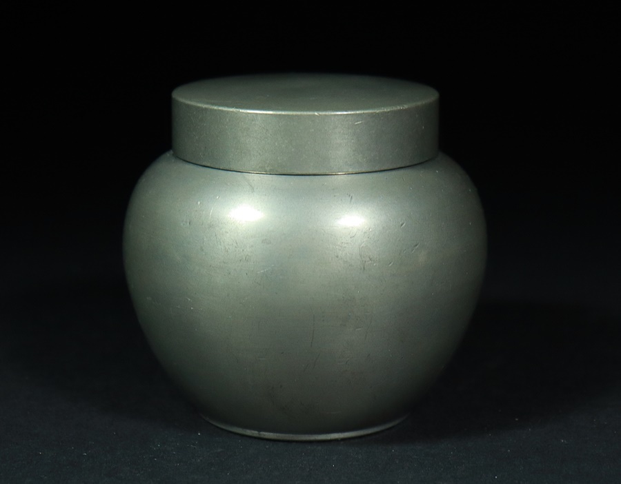 江戸百花】煎茶道具、純錫製 二重蓋 茶入 茶壺 純錫刻印有 重さ331g
