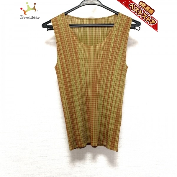 プリーツプリーズ PLEATS PLEASE ノースリーブカットソー サイズ3 L - イエローグリーン×レッド レディース クルーネック/チェック柄