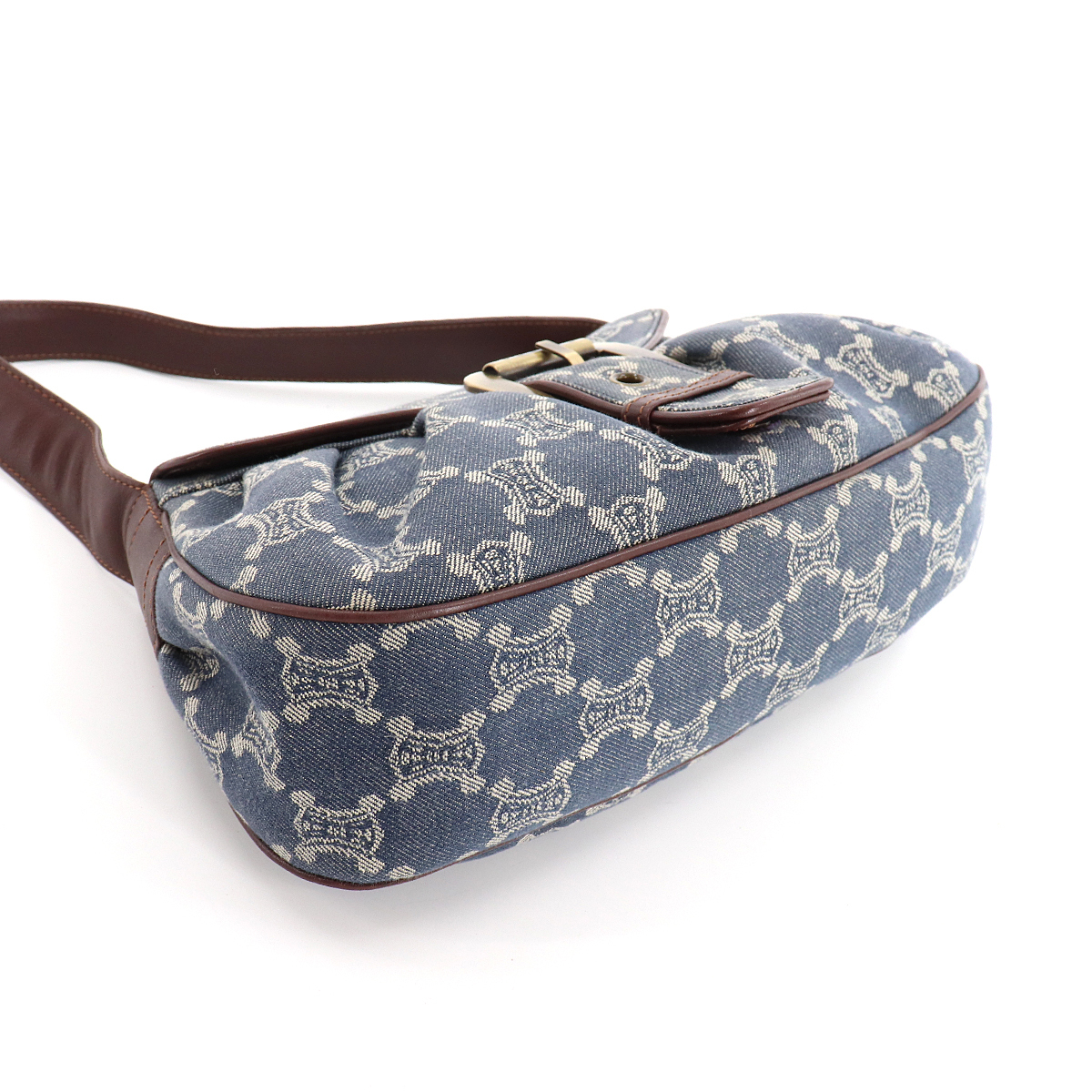 1円■ セリーヌ CELINE パリ マカダム柄 ショルダー バッグ デニム レザー ブルー ブラウン 153332 90128274 CELINE セリーヌ マカダム柄 ブラウン PVC×レザー ダーク