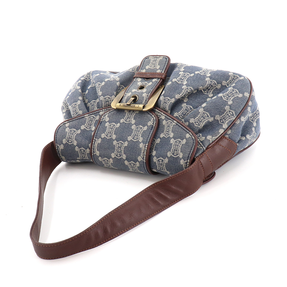 1円■ セリーヌ CELINE パリ マカダム柄 ショルダー バッグ デニム レザー ブルー ブラウン 153332 90128274 CELINE セリーヌ マカダム柄 ブラウン PVC×レザー ダーク