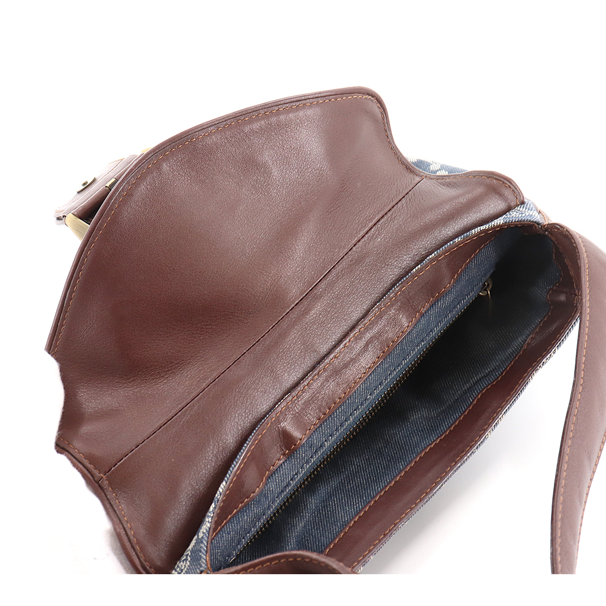 1円■ セリーヌ CELINE パリ マカダム柄 ショルダー バッグ デニム レザー ブルー ブラウン 153332 90128274 CELINE セリーヌ マカダム柄 ブラウン PVC×レザー ダーク