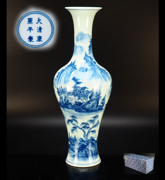 治】景徳鎮窯 染付楼閣山水図花瓶☆元箱 高34.2cm 治】景徳鎮窯 染付楼閣山水図花瓶☆元箱 高34.2cm