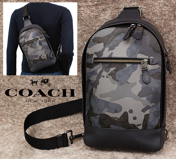 定価￥72，600 美品 コーチ COACH 19AW「GRAHAM PACK/グラハムパック」迷彩/カモフラ柄 牛革レザー×PVC クロスボディバッグ/ショルダー 紺