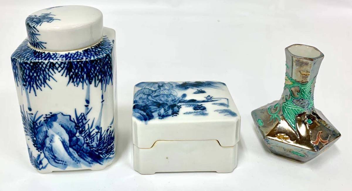 茶巾筒　煎茶道具　平安春峰 まとめ売り　オマケ付き A455 平安春峰 煎茶道具セット 山水青華蘭文香盒 巾合 茶巾