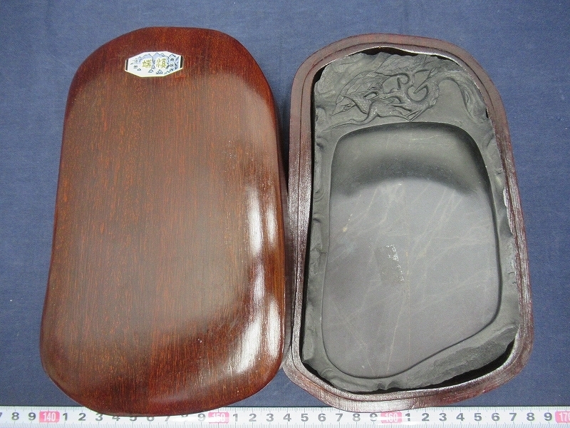 D0319 端渓 松鶴彫刻 硯 唐硯 唐木箱 石製硯 書道具 19 書道具 -