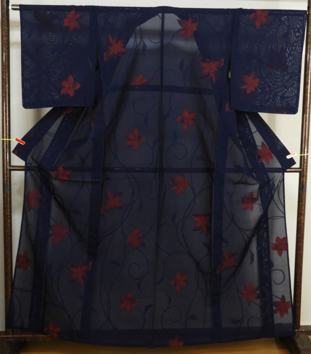 未着用 夏用 紗 小紋 通風紗 二重紗 身丈155 建物 青 着物 062b 未着用