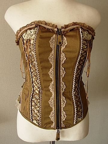 ♪OZZ ONESTE 薔薇刺繍デニムコルセット ビスチェ 茶系 編み上げ