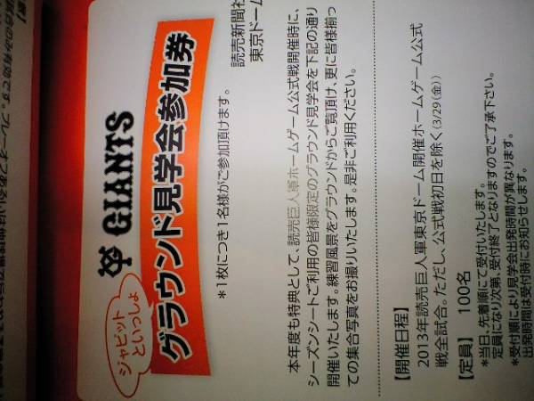 東京ドーム☆グラウンド見学参加券☆３枚綴り_2