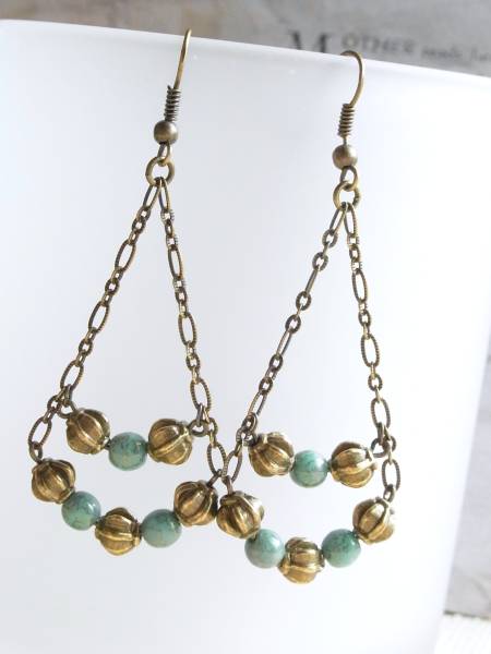 *チェコターコイズのアンティークデザインピアス*_3