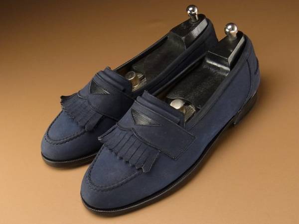 C4764イタリア製*チャックロースト*タッセルローファー/革靴/紺