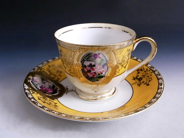 金彩 楕円窓花絵 デミタス C&S ◆ オールド ジャパン 