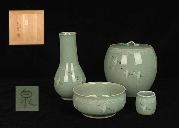 □昔の夢□y24 如泉窯 李連休 造 青磁象嵌皆具 茶道具 高麗青磁皆具 如