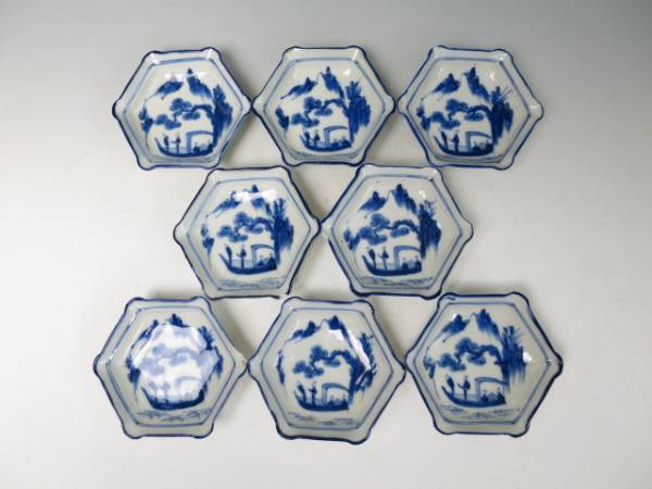 古伊万里 染付 山水 六角皿 8客 江戸後期 2129h