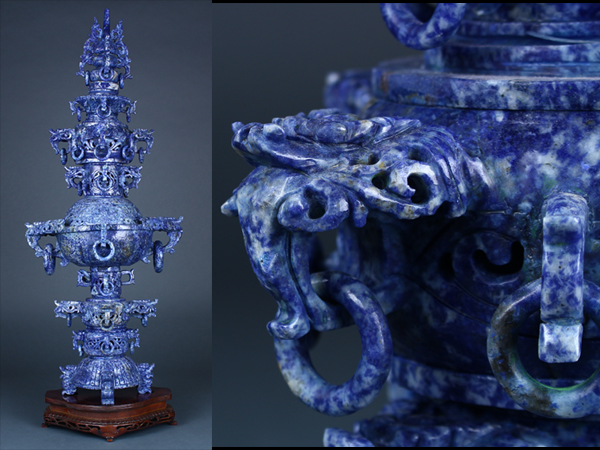 【Anee】中国古玩 ソーダライト大香炉 細密彫刻 高さ72ｃｍ F3GQ