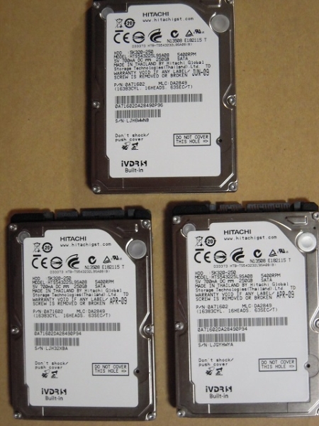 日立 HTS543225L9SA00 250GB 2.5”HDD 未使用品 HITACHI HTS543225L9SA08 250GB 2.5インチ 3台セット 中古品 250GB