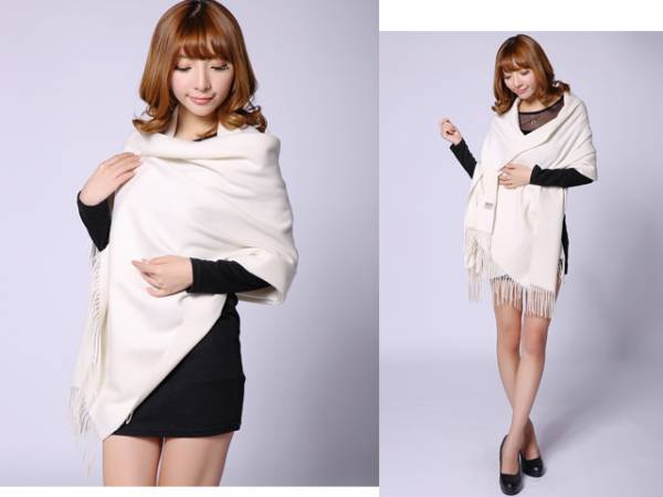 【虹WCD】大好評☆大判☆厚手 カシミア100% ストール/ホワイト①