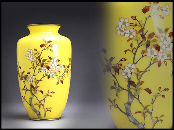 BN446 七宝焼 七宝黄地桜文花瓶・七宝花瓶☆花入花器花插銅七宝