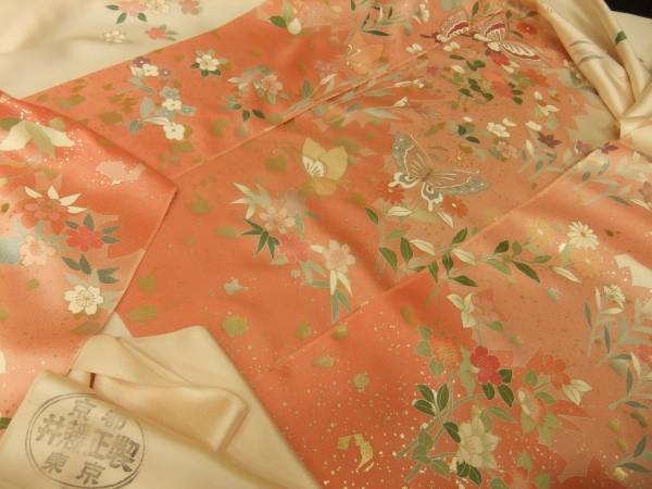 ★揚羽蝶＆花々に金粉【手描き友禅本加工／正絹付下げ反物】