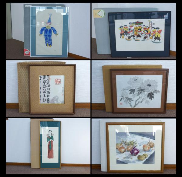 【緑屋】額装d*水彩画*水墨画等*まとめて6点/在銘*ピエロ*静物*1