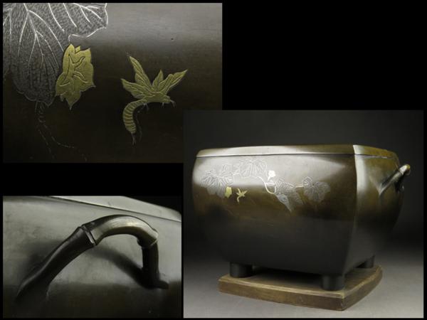 【夢工房】時代宣徳銅竹節耳花虫図金銀象嵌四方瓶掛　ZL84