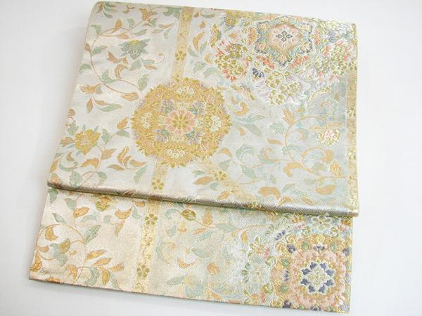 中古着物 未着用品 正絹 銀引き箔地 花丸文柄 袋帯 三番蔵1749C
