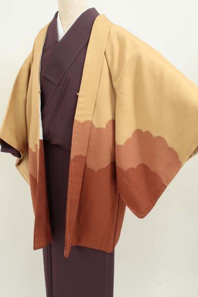 【IDN】M-7323=羽織 雲文様 しつけ付 絹縮緬 黄土色 日常◇美品