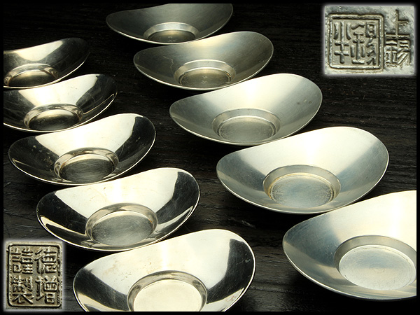 『古』R04 錫半造/徳増謹製 古錫長円形茶托十客(各五客揃)658g