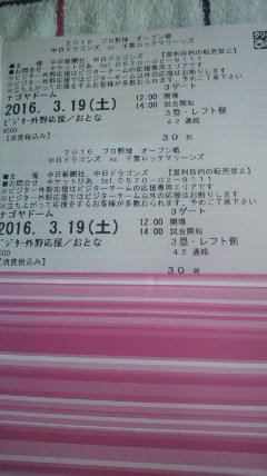 3/19(土)★中日vs千葉ロッテ★ビジター外野応援★通路近ペア！