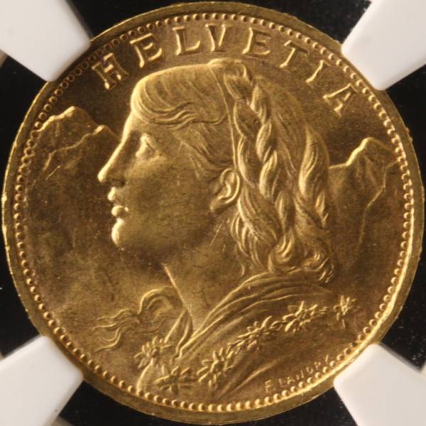 スイス 1935B ブレネリ 20フラン 金貨 NGC MS66 最高鑑定 1円～