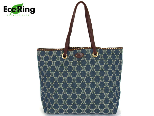 1円 セリーヌ CELINE マカダム デニム トートバッグ ブルーAU182 