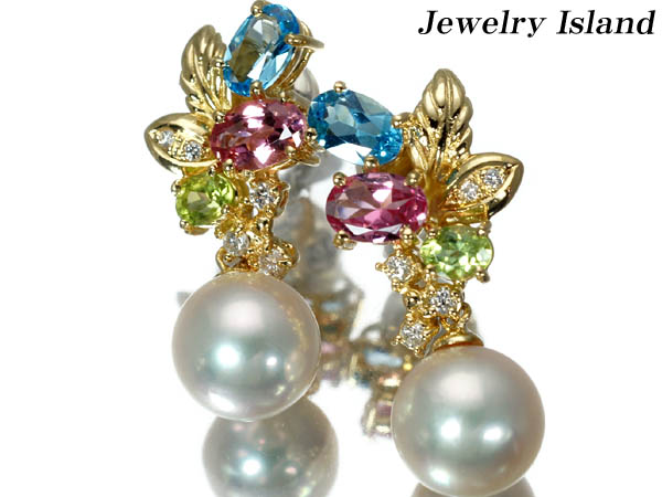 1円～★宝石の島★アコヤ真珠＆マルチ宝石 K18ピアス s605