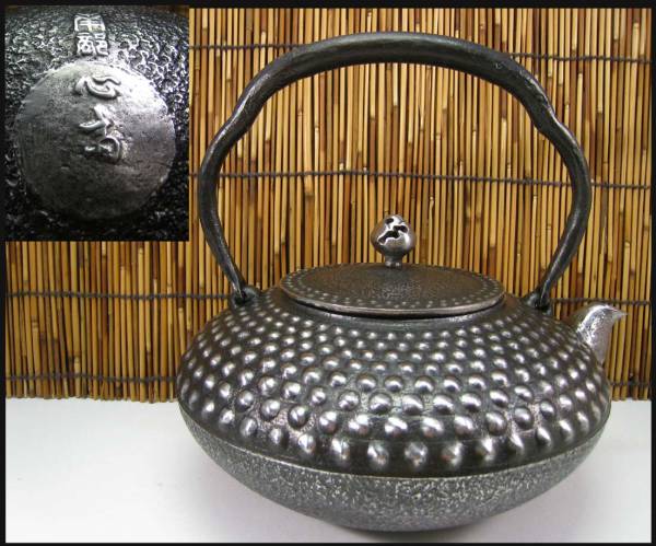 南部鉄瓶　 心斎造　 柚子肌鬼霰文虫喰摘鉄瓶　 美品