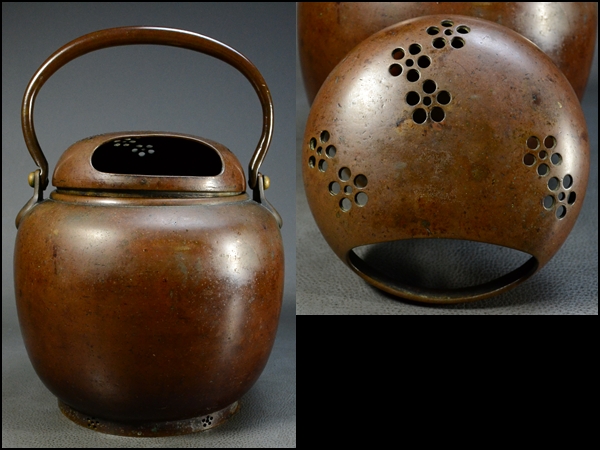 明治期金工師造/宣徳唐銅梅紋透火舎手提香炉2305g古玩香道415