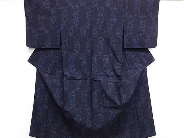 04336# 花唐草模様織出し本場結城紬80亀甲単衣着物(石下)