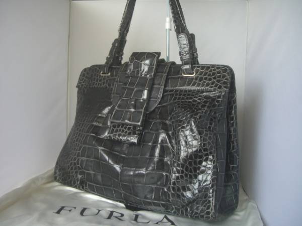 フルラ トートバッグ レザー ブラック クロコ型押し 肩掛け ワンショルダー FURLA☆ フルラ クロコダイル 型押し 本革 バッグ 黒 肩掛け可 【公式