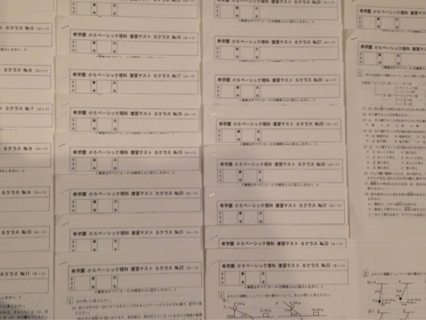 希学園　小5 ベーシック理科　復習テスト他 希学園 小5 Sクラス ベーシック理科復習テストNo.0～No.39一年