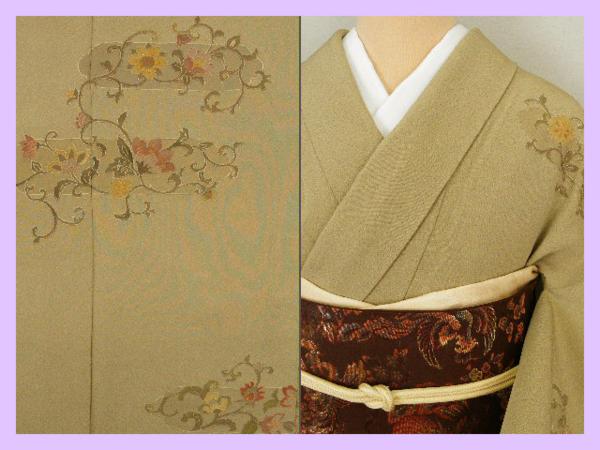 ◆衣紋屋◆8987 【1円～】刺繍 更紗文 付下訪問着 一つ紋 灰汁色