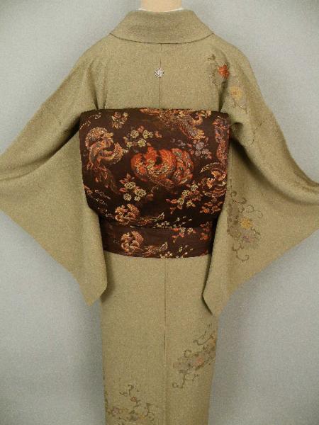 ◆衣紋屋◆8987 【1円～】刺繍 更紗文 付下訪問着 一つ紋 灰汁色