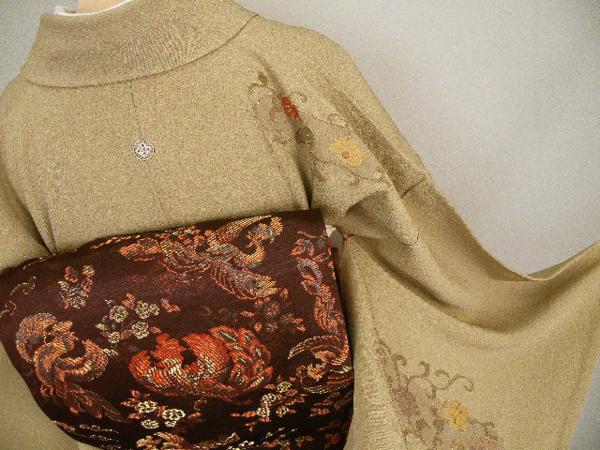 ◆衣紋屋◆8987 【1円～】刺繍 更紗文 付下訪問着 一つ紋 灰汁色