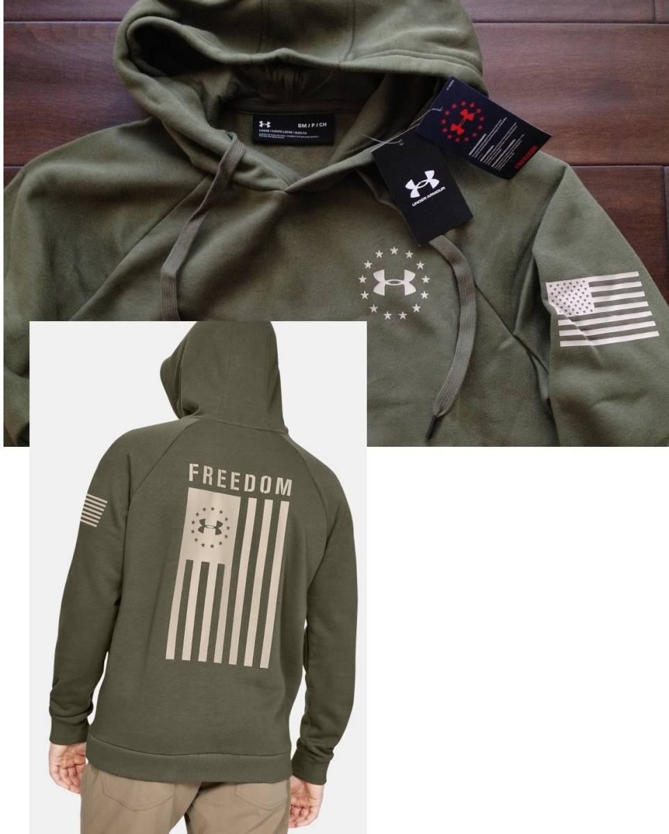 【既決USA】アンダーアーマー ★ UNDER ARMOUR@完売胸元&背中&袖【FREEDOM 星条旗】ロゴ入【UA Men's Freedom Flag Rival Hoodie】Olive@@S
