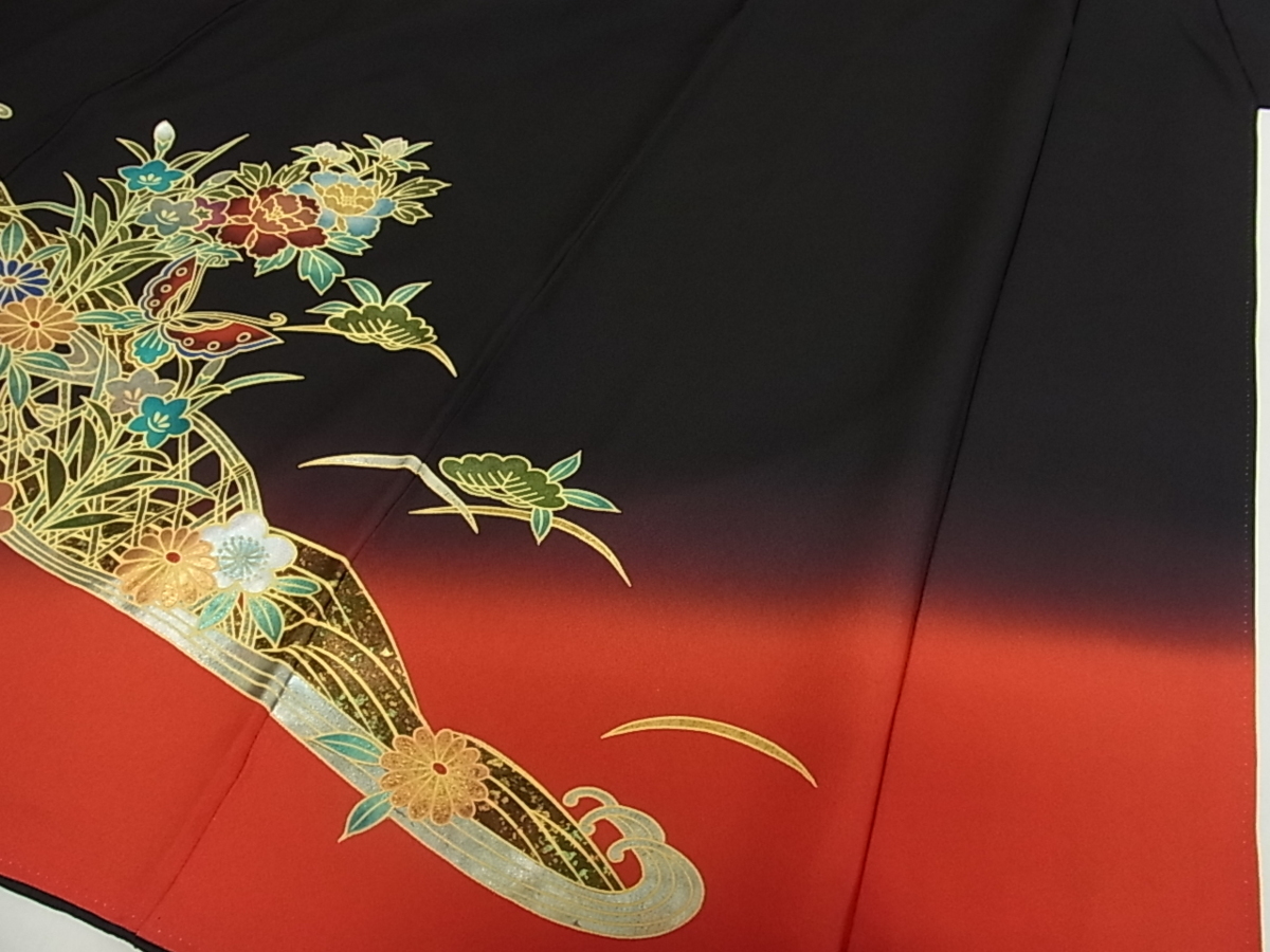 振袖フルセット 駒刺繍 舞蝶雪輪花文 暈し染め 金彩 ロング丈