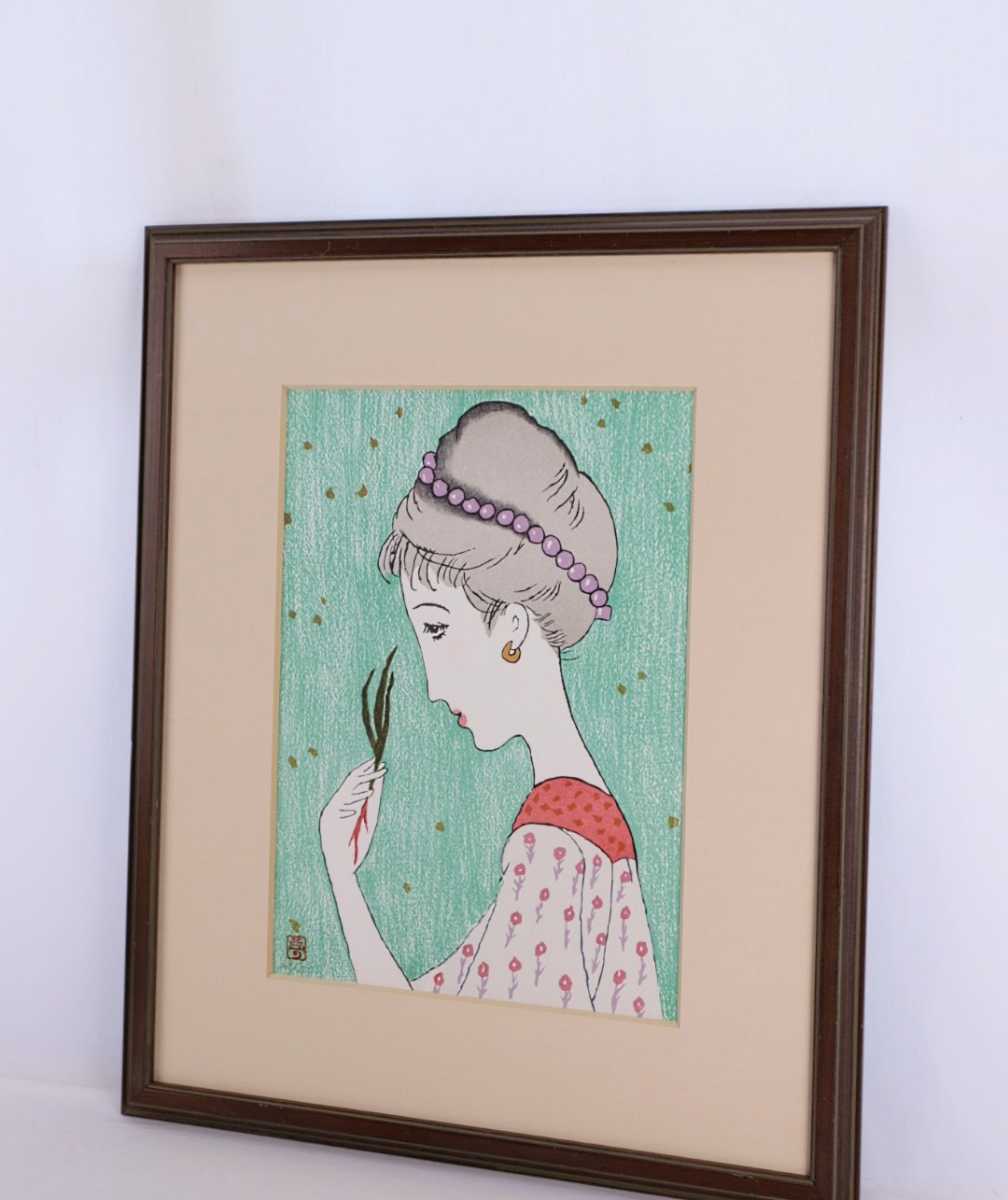 真作保証 竹久夢二 リトグラフ「若草の少女」画寸 25cm×35cm 岡山県
