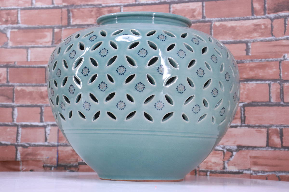 二重透かし壺 花瓶 振興 高麗青磁 直径33.5cm 高さ28cm 中古 現状品 箱