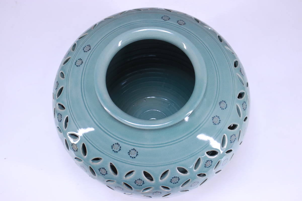 二重透かし壺 花瓶 振興 高麗青磁 直径33.5cm 高さ28cm 中古 現状品 箱