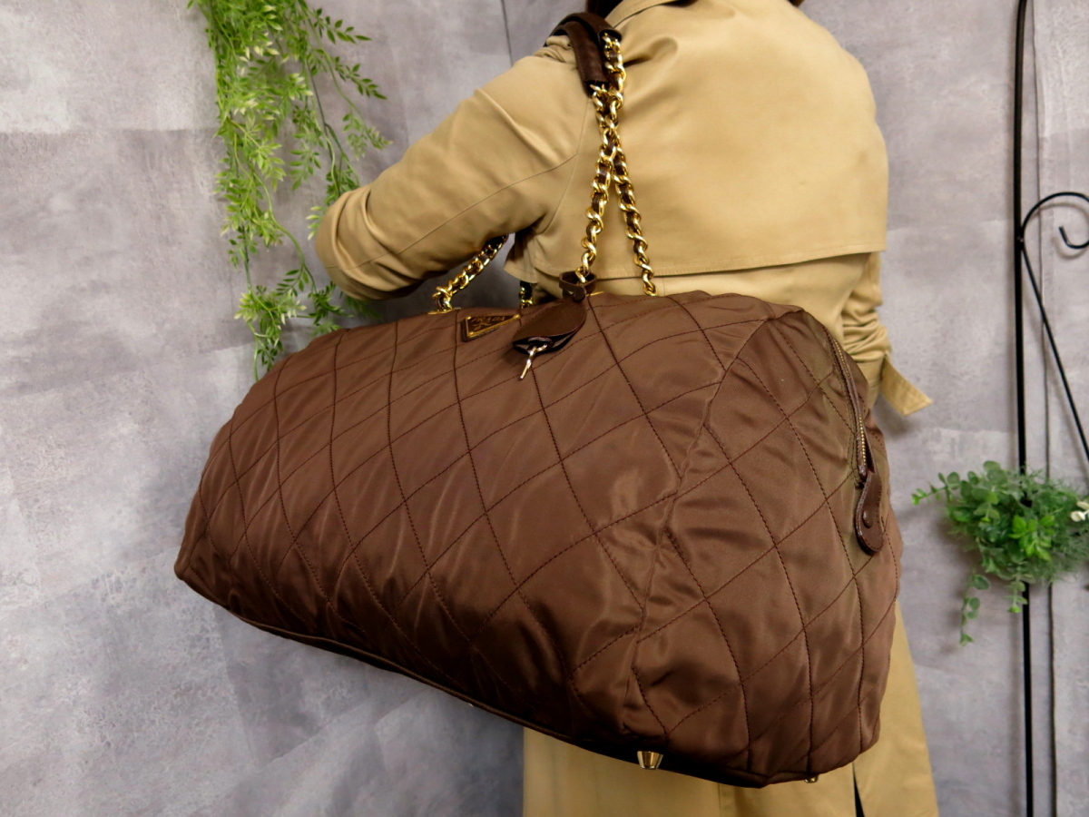 ○美品○PRADA プラダ○キルティング ナイロン レザー 本革○ゴールド